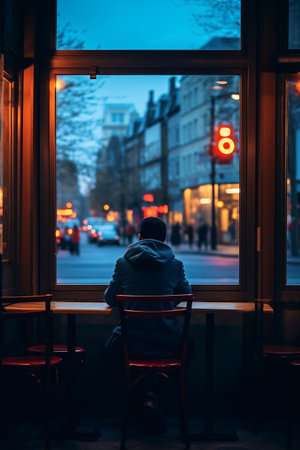 the somber mood of a person sitting alone at a cafe, the window reflecting the blue hues of the early morning sky. Blue Mondayの素材