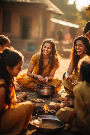 Teenage indian girls gathered around the festival food, celebrating Lohriの素材