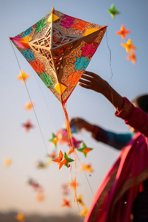 the intricate details of a kiteâs Makar Sankranti design, capturing the fine threads and bright colorsの素材