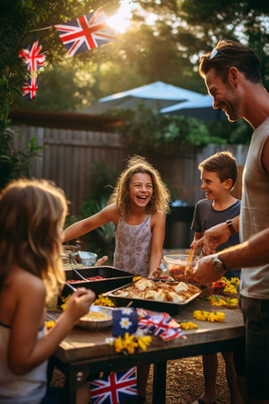 A family backyard barbecue with Australian flags, the joyful gathering. Australia Dayの素材