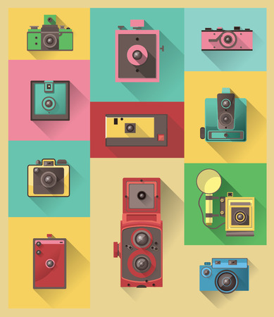 vector flat design long shadow icon of vintage cameraのイラスト素材