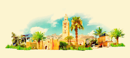 vector watercolor MARRAKESH city illustrationのイラスト素材