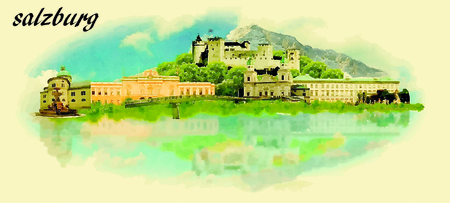 SALZBURG vector panoramic water color illustrationのイラスト素材