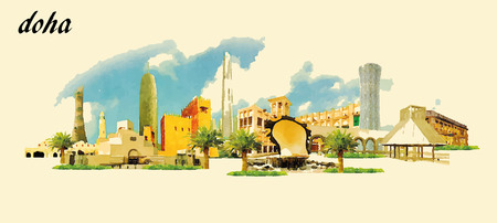 DOHA city panoramic vector water color illustrationのイラスト素材