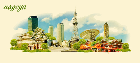 NAGOYA city panoramic vector water color illustrationのイラスト素材