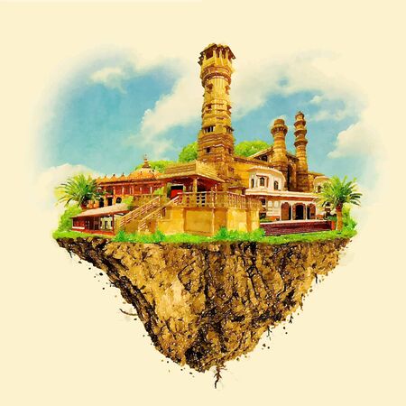 AHMEDABAD city on floating land vector water color illustrationのイラスト素材