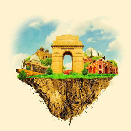 DELHI city on floating land vector water color illustrationのイラスト素材