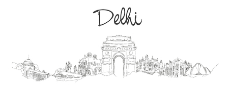 vector panoramic hand drawing sketch illustration of DELHI cityのイラスト素材