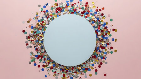 A vibrant image featuring a white circle at the center, surrounded by a burst of multicolored confetti against a soft pink background. The confetti pieces vary in size and color, creating a lively and festive atmosphere.の素材