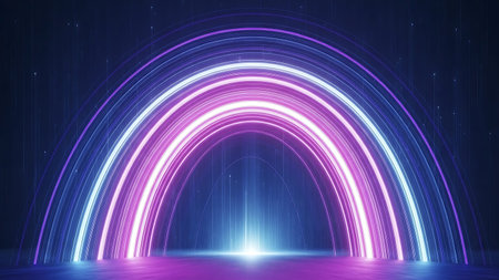 An abstract image featuring a vibrant, multi-colored light spectrum forming an arc. The light trails blend shades of purple, blue, and pink, creating a mesmerizing and dynamic visual effect against a dark background.の素材