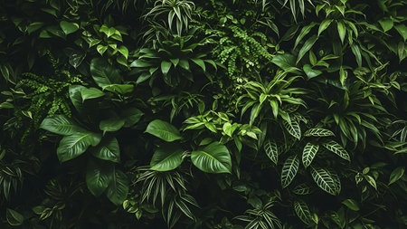 A dense collection of tropical plants with vibrant green leaves, showcasing a variety of foliage textures and shapes.の素材