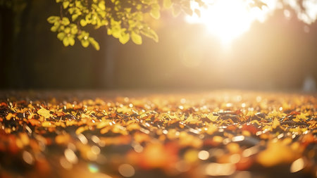 A close-up view of fallen autumn leaves scattered on the ground, illuminated by the warm, golden rays of the setting sun. The leaves exhibit a mix of vibrant colors including yellow, orange, and brown, creating a picturesque and serene autumn scene.の素材