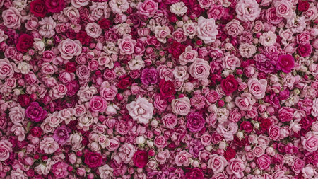 A dense and colorful array of various roses in shades of pink, red, and white, creating a lush and enchanting floral backdrop.の素材