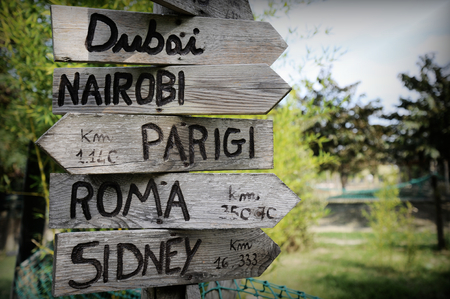 Street signs in the natural park indicating directions to different places of the world.  Green plants on the background. Taken in north italy.の写真素材