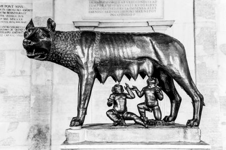 Statue of the mythical she-wolf suckling the infant twins Romulus and Remus in Rome, Italy - The sculpture is a symbol of Rome, the ethernal city - Travel concept in european art cities, wanderlustの素材 [FY310162215185]