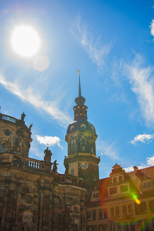 Church Frauenkirche area in Dresden Germany on a sunny day with blueの写真素材