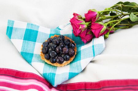Cupcake with blueberries. summer picnic in natureの写真素材