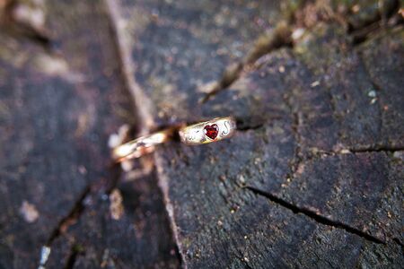 Wedding rings in gold. ruby red heart-shapedの写真素材