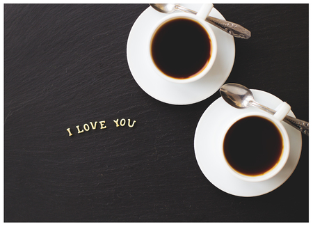 Still Life with a declaration of love. A cup of coffee. Surprise for a loved one.の写真素材