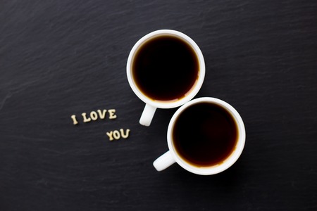 Still Life with a declaration of love. A cup of coffee. Surprise for a loved one.の写真素材