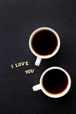 Still Life with a declaration of love. A cup of coffee. Surprise for a loved one.の写真素材