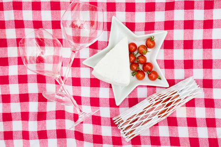 glasses food on the tablecloth close upの写真素材