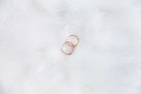 beautiful wedding rings on a white backgroundの写真素材
