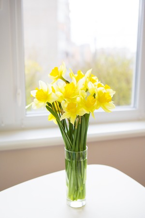Posy of bright yellow daffodils on white wooden table.の写真素材