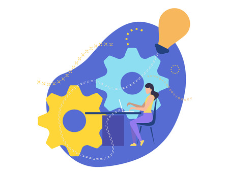 Girl working on laptop. Creates a business project. Business lady sits on a chair at the table and prints on the keyboard. Job in the office. Implement Creative Idea. Vector illustration characterのイラスト素材