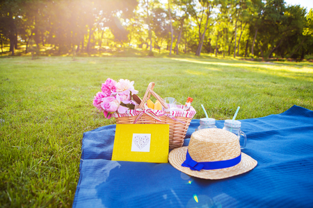 Beautiful flowers in a basket and yellow album lie on the grass-bright picnicの写真素材