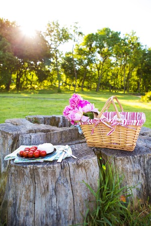 Beautiful basket with flowers and a plate with food stands on a wooden stumpの写真素材
