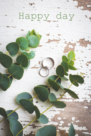 wedding rings on a white old table with a sprig of eucalyptus, happy dayの写真素材