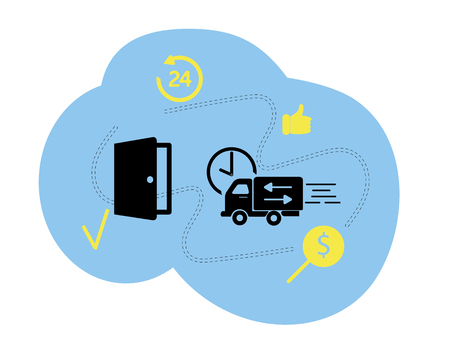 Vector illustration, flat style, various shops, discounts, shopping online, the concept of shopping and delivery of goods through the online form. Round-the-clock delivery of goods to the door.のイラスト素材