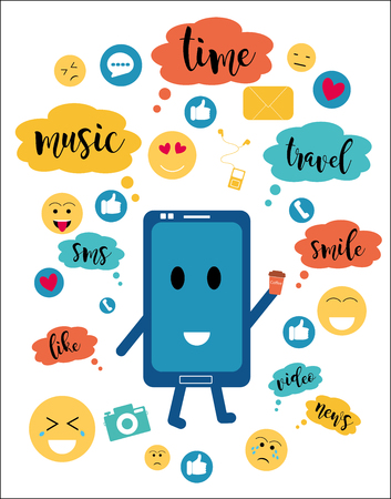 Flat cartoon style, vector colorful illustration. Communication through a smartphone - the Internet, the concept of communication, social networks, chat, video, news, acquaintance, messages, website.のイラスト素材