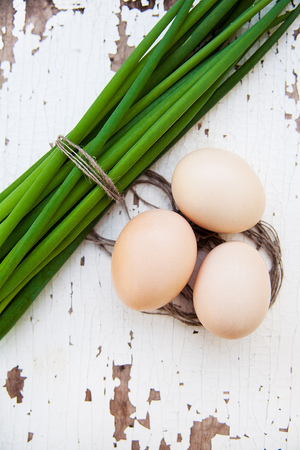 Spring onions, egg on old white tableの写真素材
