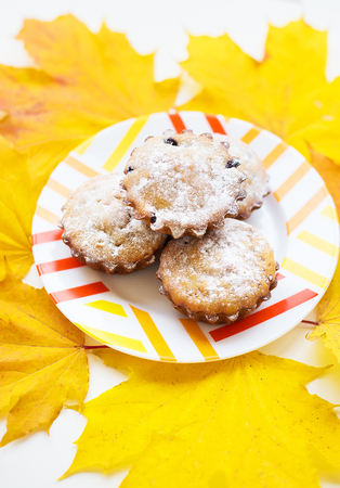 colored cupcakes on a plate and yellow autumn leavesの写真素材