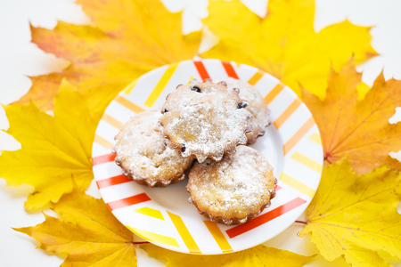 colored cupcakes on a plate and yellow autumn leavesの写真素材