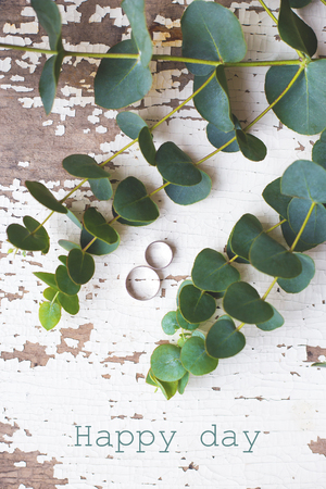 wedding rings on a white old table with a sprig of eucalyptus, happy dayの写真素材