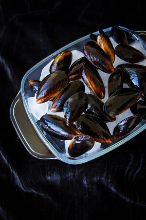 Very tasty and fresh mussels on ice cubesの写真素材
