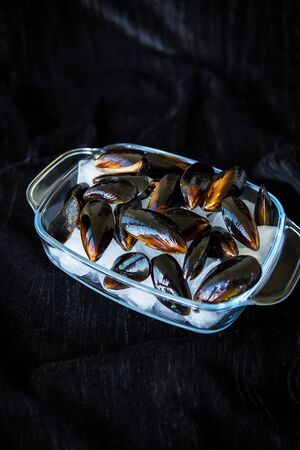 Very tasty and fresh mussels on ice cubesの写真素材