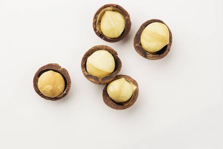 Macadamia nuts in a school isolated on white background.の写真素材