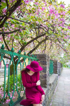 pretty girl sitting in a red dress and hatの写真素材