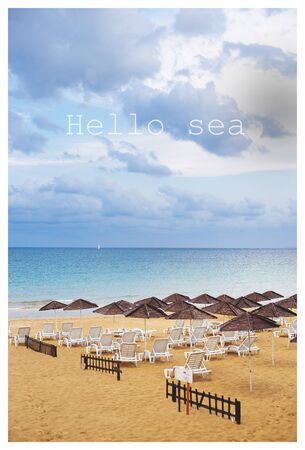 Beautiful summer beaches of Bulgaria, Nessebar, the inscription greetings to the seaの写真素材