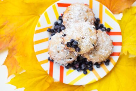 colorful cupcakes on a plate with fresh blueberries and yellow autumn leaves, close-upの写真素材