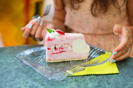 Very tasty frozen piece of ice cream cake with strawberriesの写真素材