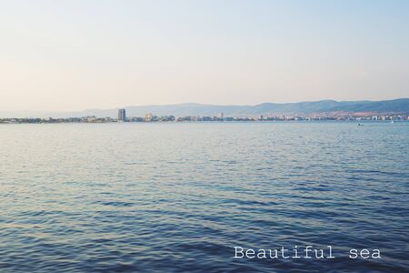 Very beautiful summer sunset on the sea Bulgaria - inscription beautiful seaの写真素材