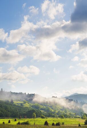 Haystack morning Ukrainian village in the Carpathiansの写真素材