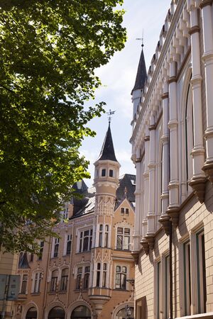 Narrow medieval street in the old town of Riga, Latviaの写真素材