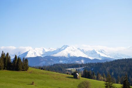 House in the mountains. Beautiful view of the mountain landscape, Tatra National Park, Poland. High Tatras, Carpathians.の写真素材