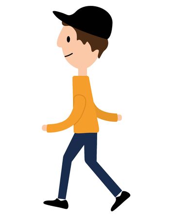 Teenager in a cap, jacket, pants and sneakers. A flat cartoon character, isolated on white background. Front, side and rear view. Colored Vector illustration.のイラスト素材